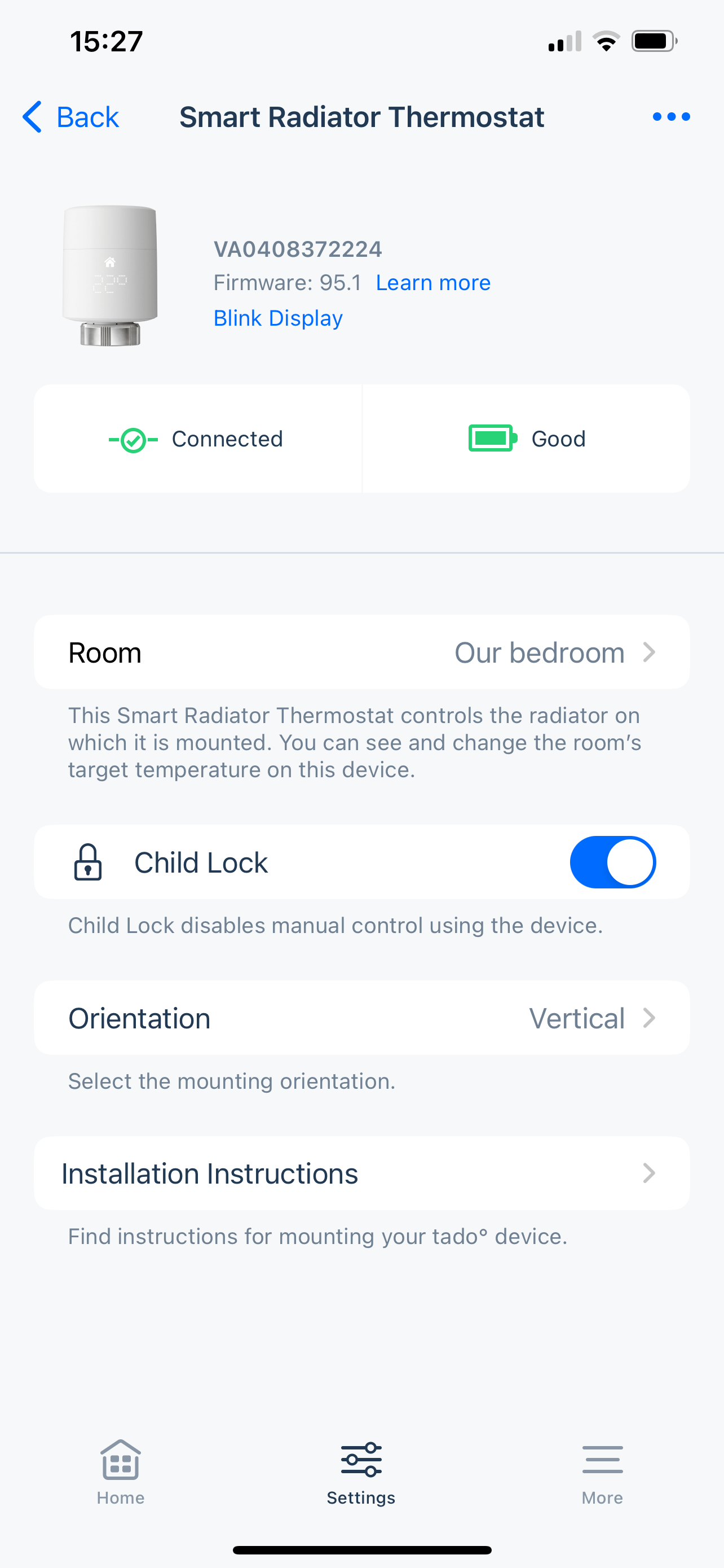 Tado App child lock & Orientation